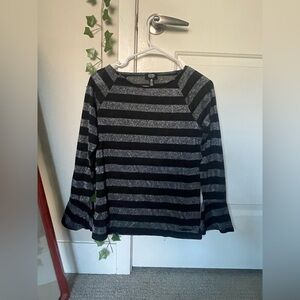Jones New York Black and Gray Striped Top With Flared Sleeves